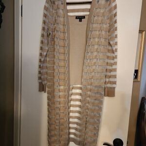 Tan and White Striped Long Cardigan